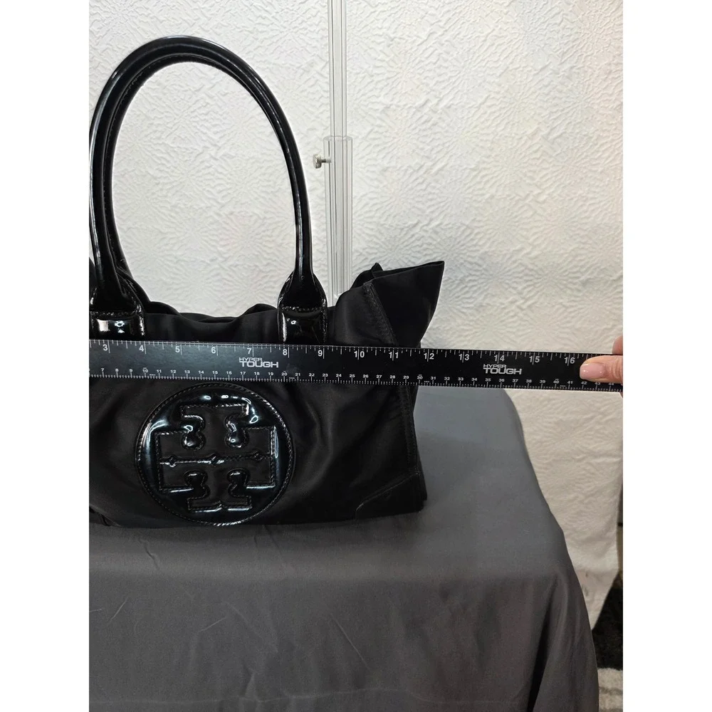 Tory Burch Ella Tote Bag Black Nylon Patent Leather Trim Logo Shoulder Bag Scarf